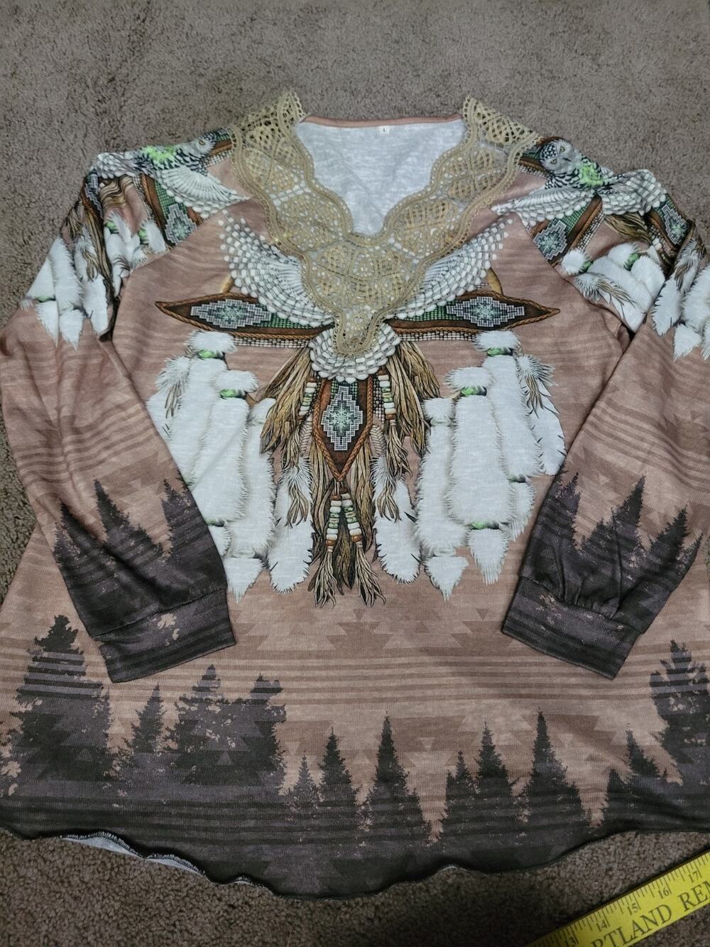 Women Aztec Print Lace Trirm V Neck Blouse Top Ethnic Style Long Sleeve Sz L